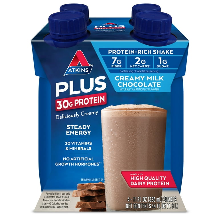Atkins PLUS Protein & Fiber Shake, Chocolate, Keto Friendly, 11 oz., 4 Count