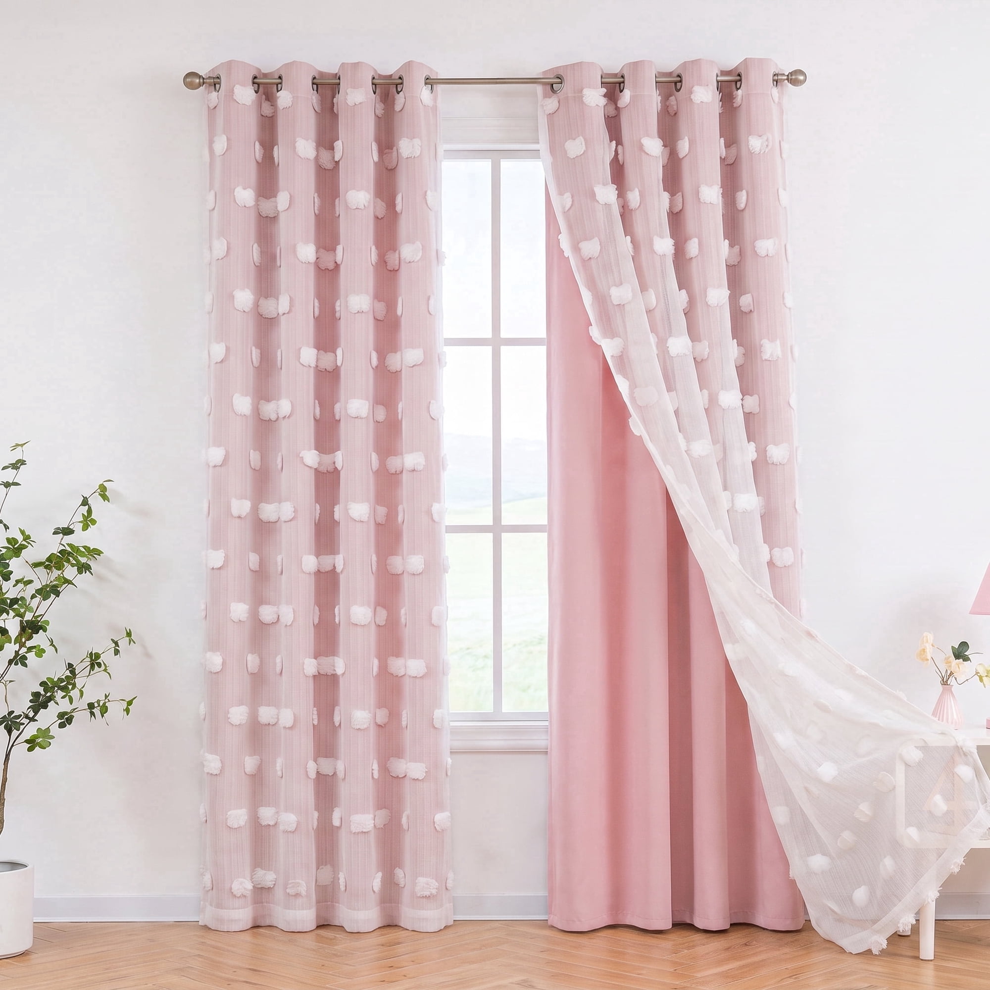 Uledge Pink Blackout Curtains for Bedroom & Nursery, Double Layer Pom Pom Sheer Grommet Drapes for Girls Room, Light Blocking Window Panels, 52 x 84 Inch, Set of 2
