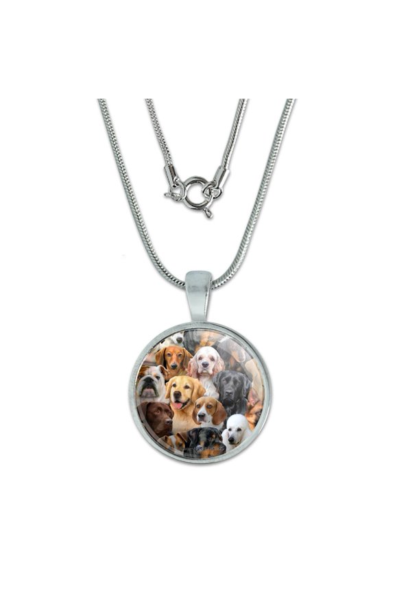 Dogs Lab Retriever Dachshund Poodle Pattern 0.75" Pendant with Sterling Silver Plated Chain