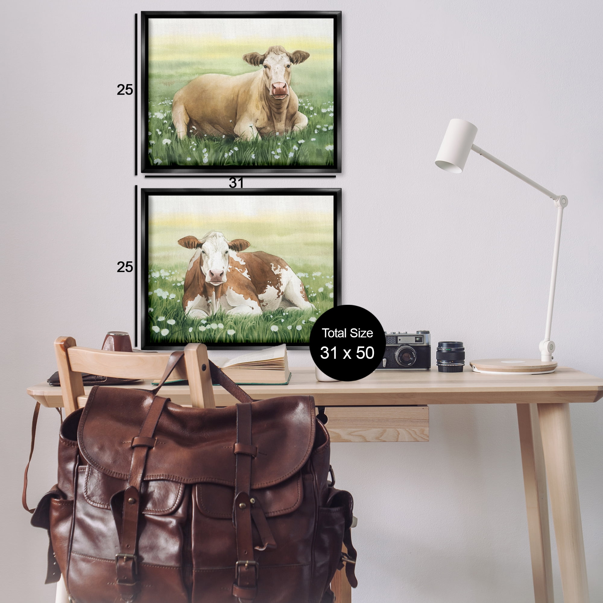 Stupell Industries Cows Resting in Flower Field Animals Painting Black Floater Framed Canvas Art Print Wall Art, 31 x 25, Set of 2