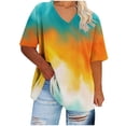 thumbnail image 4 of Plus Size Women's V-Neck Short Sleeve Tie-Dye Ombre Print Summer Basic Top, Loose Fit Stylish Plus Size Tee for Everyday Casual Wear and Weekend Outings Orange XXXL, 4 of 5