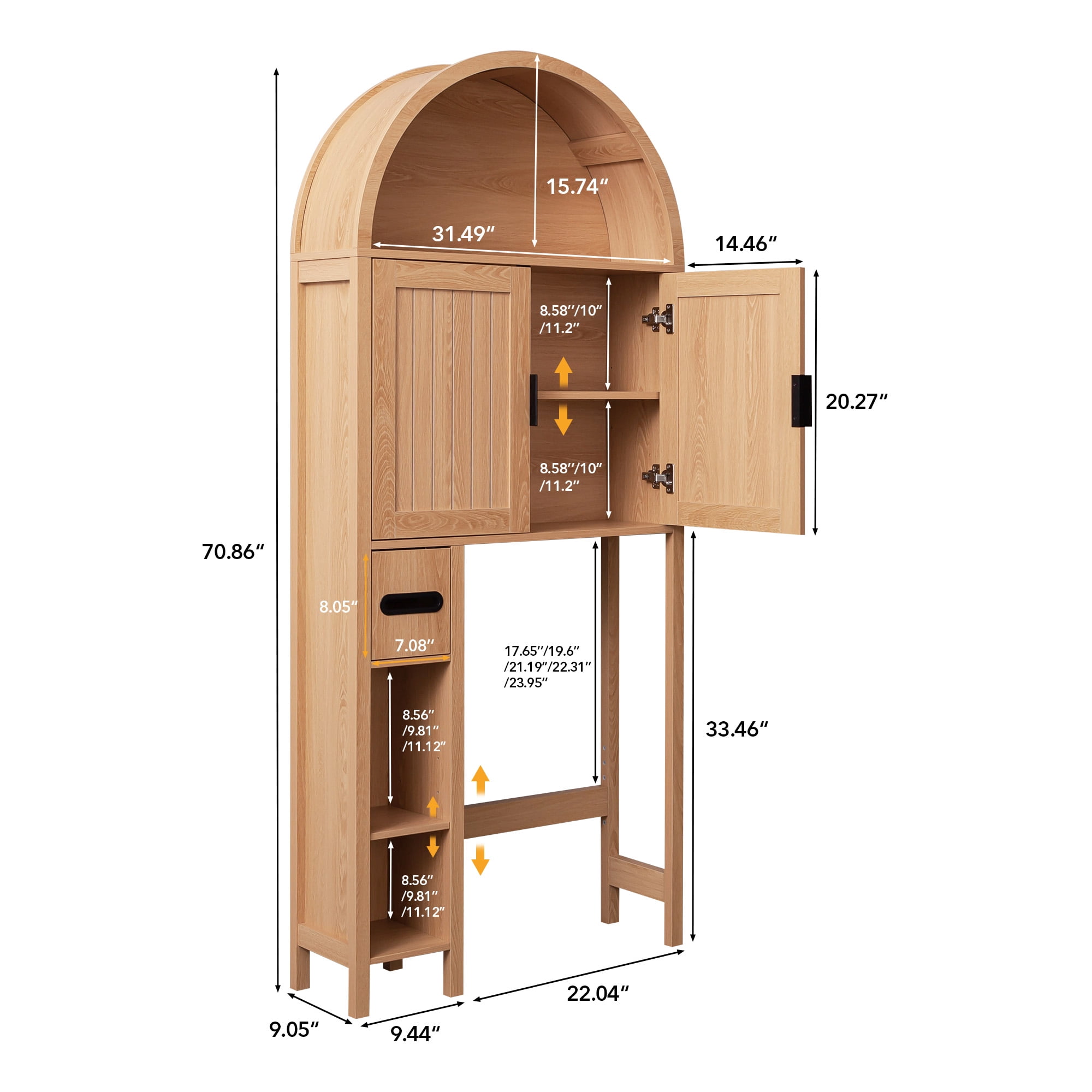 OONNEE 71" Arched Over the Toilet Storage Cabinet with 0.6" Extra-Thick Board, Freestanding Bathroom Organizer with Tissue Holder and Adjustable Shelf, Natural Wood