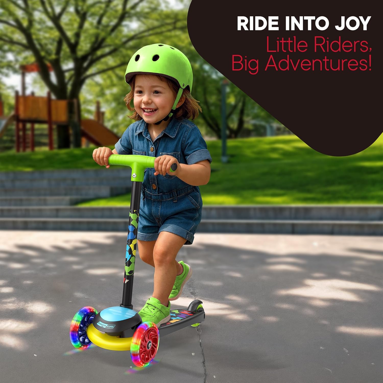 Scooter Stars 3-Wheel Kids Scooter with Light-Up LED Front Wheels, Wide Anti-Slip Deck, Rear Foot Brake, Lean-to-Steer Ride-On Toy