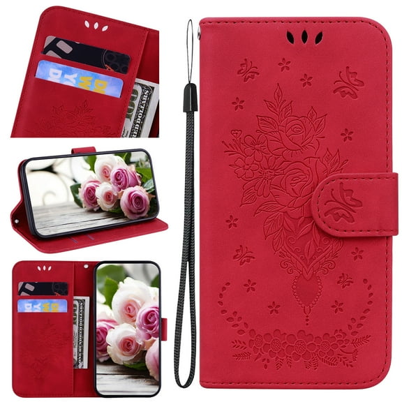 Nalacover for Samsung Galaxy A12 5G Wallet Case,Luxury Embossed Sun Flower Pattern PU Leather Soft TPU Magnetic Flip Folio Book Credit Card Holder Shockproof for Women Men Cover+Wrist Strap.Red
