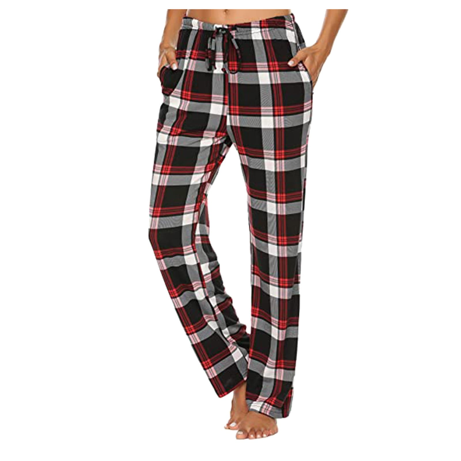 Dptalr Womens Casual Comfortable Plaid Prints Pajamas Wide Leg Pants Long Yoga Pants Black