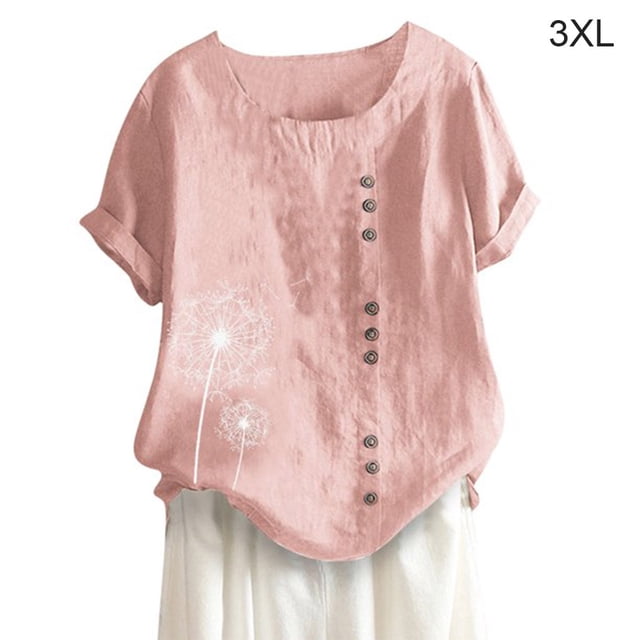 Camisa de mujer con botones, blusa informal de manga corta con cuello redondo, rosa, 3XL Methold AP001735-06
