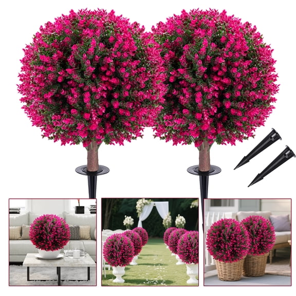 Yonopro Set of 2 Artificial Boxwood Topiary Ball Trees with Pink Flowers for Outdoor with Ground Spike 26", UV Resistant Faux Greenery Shrubs, Fake Plants for Garden, Yard, Porch, Patio Decor