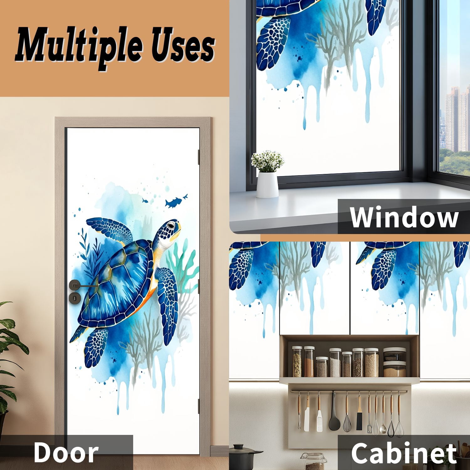 Self Adhesive Vinyl Refrigerator Wrap Set Ocean Blue Turtle Sea Pictures Coastal Print Painting Door Mural Removable Fridge Sticker Peel and Stick&nbsp;Full Door Cover Decal Kitchen Bar Decor
