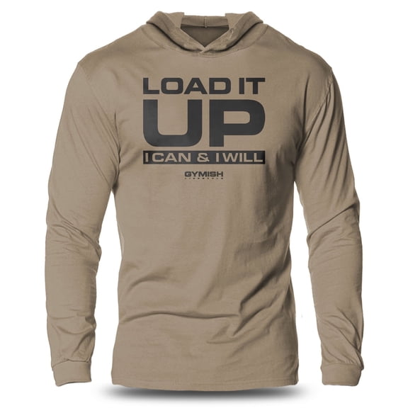 GYMISH Load It Up Lightweight Long Sleeve Hooded T-Shirt for Men – Motivational Gym Hoodie, Khaki, Small