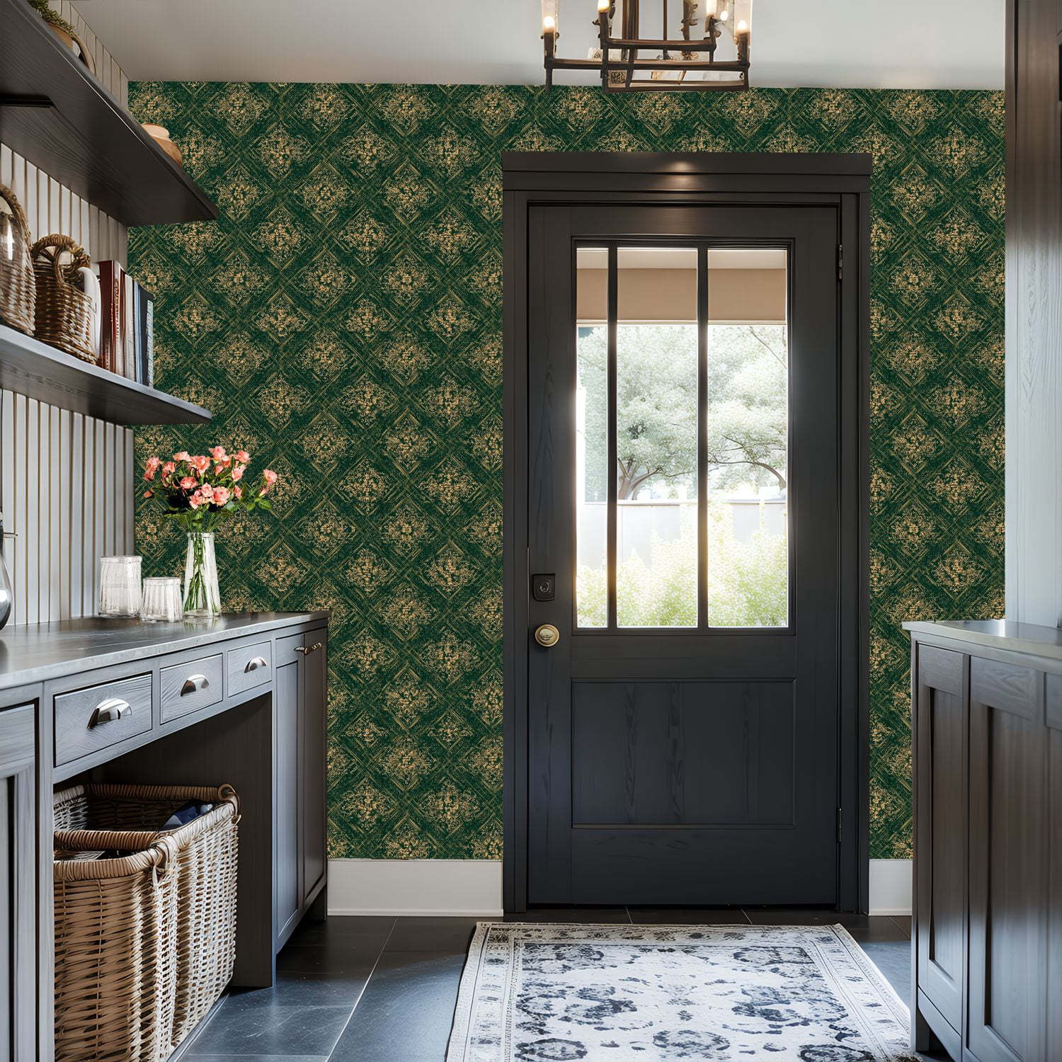 Peel and Stick Wallpaper Baroque Vintage Floral Damask Green Gold Accents Wall Mural 17.7in x 9.8ft Self Adhesive Removable Wall Paper Renter Friendly Wallpaper for Nursery Bedroom Cabinets