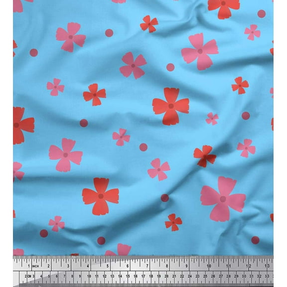 Soimoi Blue Cotton Duck Fabric Flower Floral Print Print Fabric by the Yard 44 Inch Wide