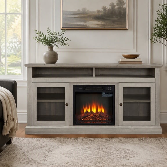 60 in Media Stand with 18 in Fireplace Insert for TVs Up to 65 in MDF Entertainment Console with Storage Stone Gray