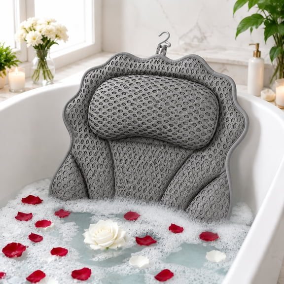 Luxury Bath Pillow Tub Spa Pillow with 4D Breathable Mesh and Non-slip Suction Cup, Black Bath Mat Pillow for Head