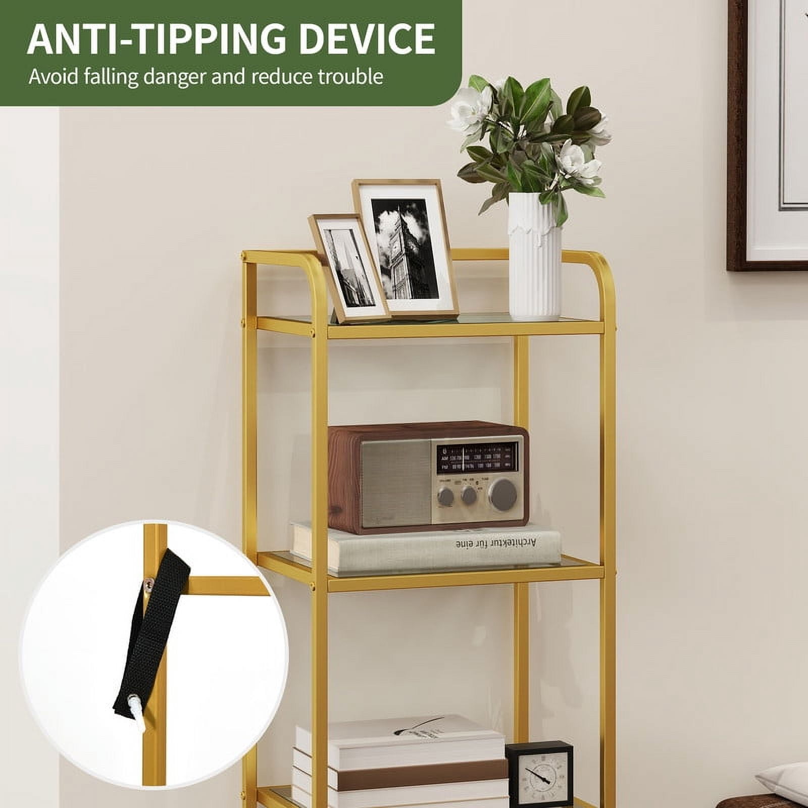 Uforic 4 Tier Modern Bookshelf, Tempered Glass Narrow Bookshelf, Open Display Bookcase, Gold Shelf Unit for Home Office, Living Room