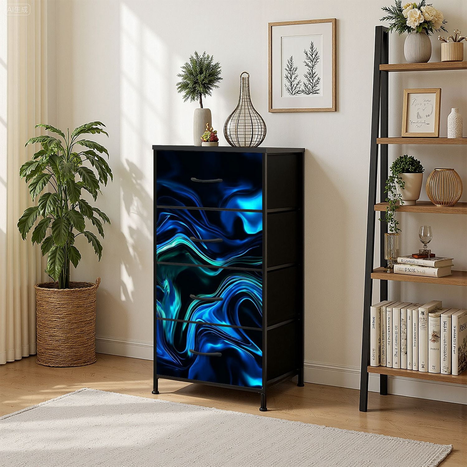 Boho Dresser for Bedroom with 4 Storage Drawers Marble Neon Blue Green Abstract Texture Black Multi Colored Paper Dressers Chest of Drawers Steel Framed Fabric Closet Organizers for Entryway