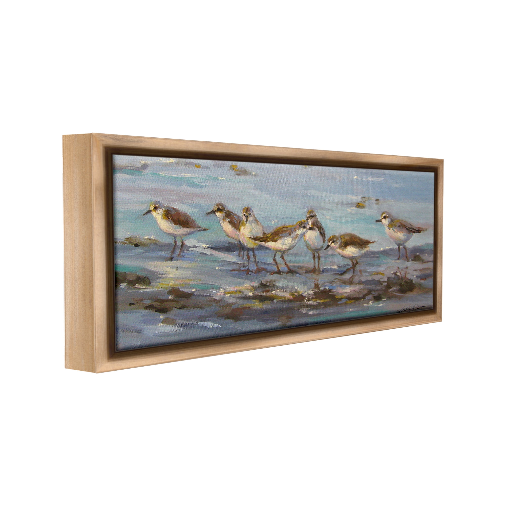 Stupell Industries Sandpiper Flock on Shore Animals & Insects Painting Brown Floater Framed Canvas Art Print Wall Art, 25 x 11