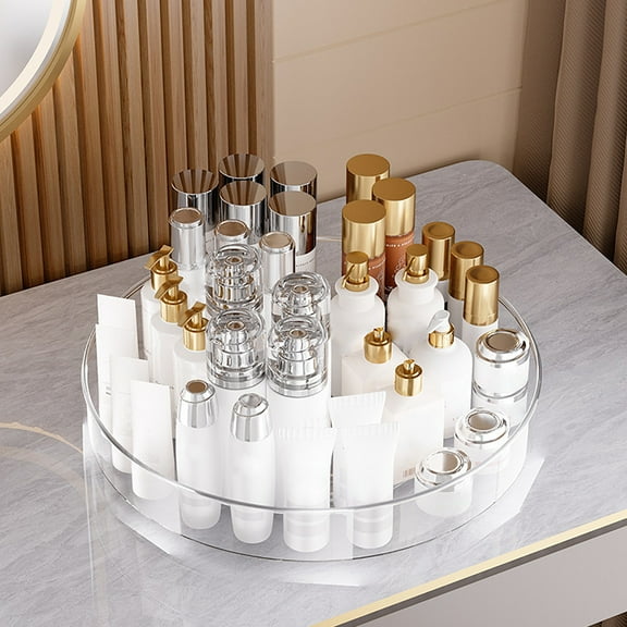 Rotating Makeup Organizer, Clear Cosmetic Storage Box with 360° Spin for Lipstick, Lotion, Skincare Products, Desktop Vanity Organizer with Guardrail for Bathroom, Bedroom Dressing Table