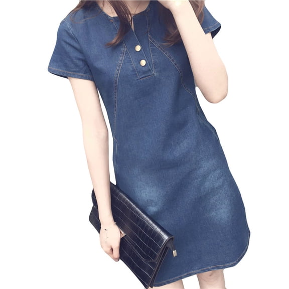 Nuoqisi Women's Short Sleeve Denim Dress - Casual Button-Front Silhouette with Classic Western Style for Everyday Wear