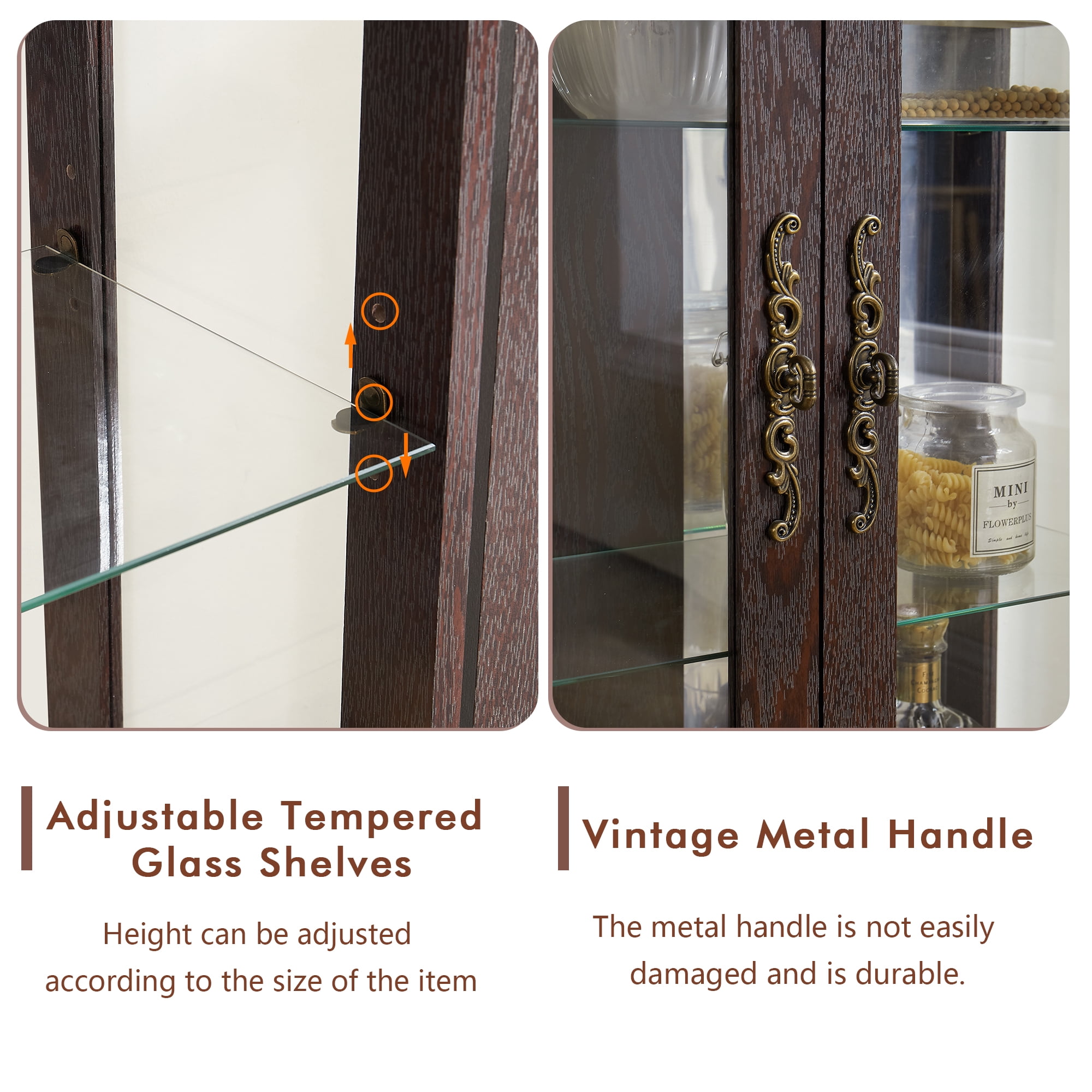 Miniyam Curio Display Cabinet with Light & Tempered Glass Doors, Dark Walnut