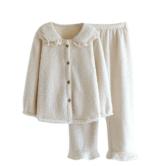 successthop Winter Fall Pajamas Women Fleece Thick with Pant Sleepwear Solid 2 Pieces Sets Loungewear
