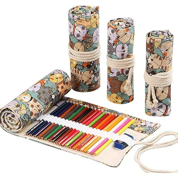 24/36/72 Slots Pencil Wrap - Roll Up Bag for Artist Colored Pencils, Short Brushes, Drawing & Sketching, NO PENCILS (Cuddly Cat, 24slots)