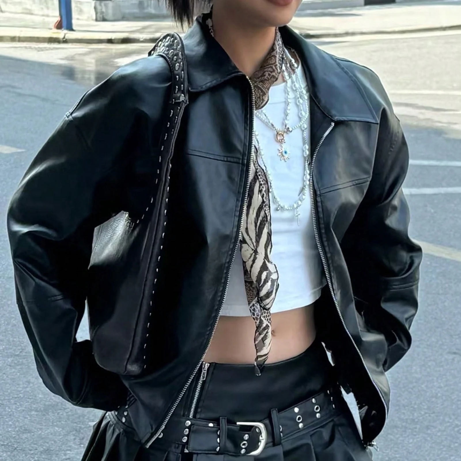 wdsxpo Bomber Jacket Women Faux Leather Jackets Full Zip Oversized Fall Motorcycle Coats Lapel Collar Zip Up Cropped Biker Coat