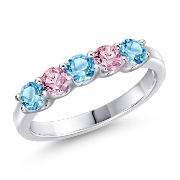 Gem Stone King 925 Sterling Silver Swiss Blue Topaz and Pink Lab Grown Diamond Wedding-Bands Ring for Women | 0.96 Cttw | Round 3.5MM | Gemstone November Birthstone | Size 7