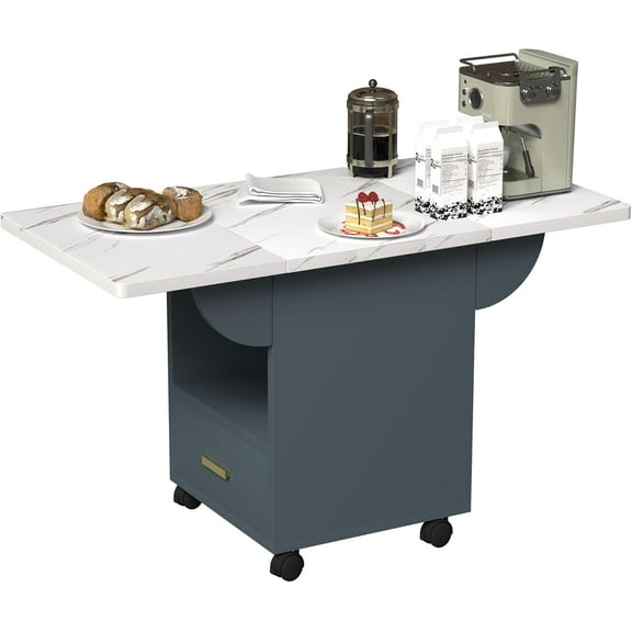 Folding Dining Table with 4 Wheels, Folding Dining Table with Storage Rack and 1 Drawers, Movable Kitchen Table Extendable Versatile Table Space Saving