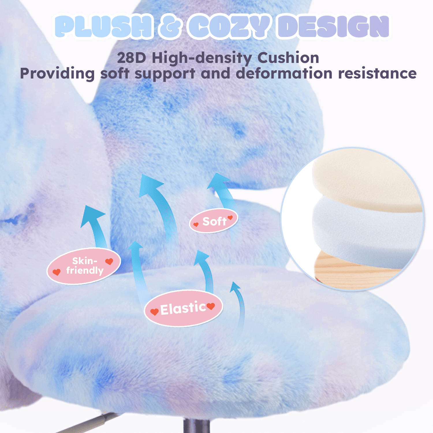 Kids Desk Chair with Butterfly Back, Adorable Fluffy Wheeled Desk Chair for Girls, Faux Fur Adjustable Height Swivel Vanity Chair for Kids Bedrooms and Reading Rooms,Colorful Blue
