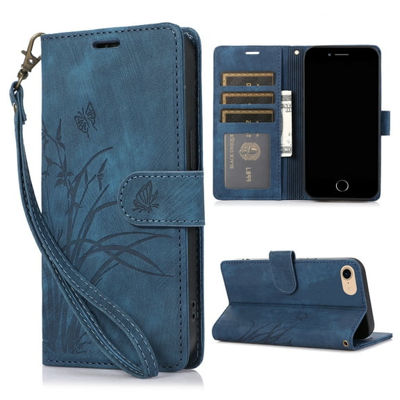 Nalacover Slim Wallet Case for iPhone 7/8/SE 2020/SE 2022, for Women Men, Embossed Pattern PU Leather Shockproof Magnetic Clasp Credit Card Slots Flip Kickstand Phone Case Wrist Strap,Blue