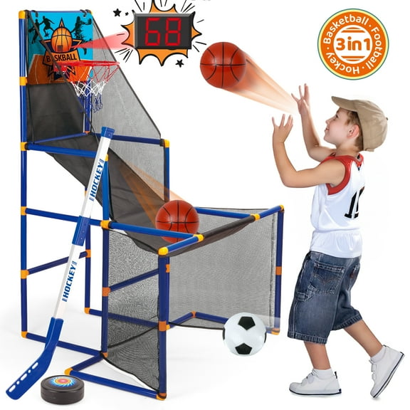 Beefunni 3-in-1 Kids Basketball Hoop Arcade Game, Scoor, Hockey, Indoor and Outdoor Sports Toy for Kids Age 3 4 5 6 7 8 , Birthday Christmas Gift for Boys Girls 3-12