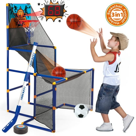 Beefunni 3-in-1 Kids Basketball Hoop Arcade Game Scoor Hockey Indoor and Outdoor Sports Toy for Kids Age 3 4 5 6 7 8+ Birthday Christmas Gift for Boys Girls 3-12