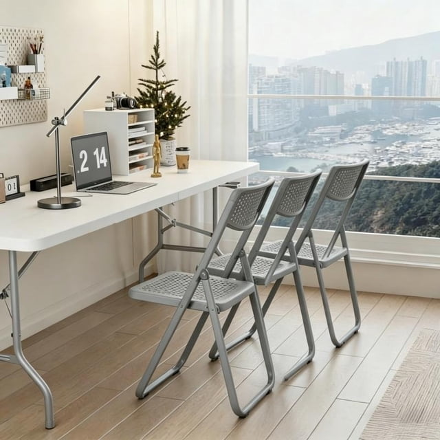 3 sillas plegables con respaldo en diferentes colores (incluyendo negro, blanco, gris, naranja, azul), silla de oficina, silla plegable para sala de reuniones, silla plegable para el hogar,gris