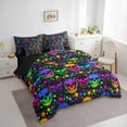 thumbnail image 3 of Manfei Neon Skull Child Bedding Comforter Set 7pcs, Gothic Halloween Skeleton Queen Bedding Sets, Colorful Stars Print Reversible Queen Sheet Sets, Microfiber Bedroom Decor, 3 of 7