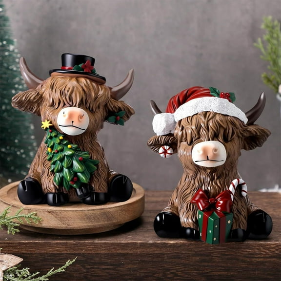 2 Pack Christmas Highland Cow Decor Resin Highland Cow Figurine Christmas Cows Gnomes with Santa's Hat Scarf Resin Statue for Garden Table Shelf Home Decor Calf Gnome Herd Gifts