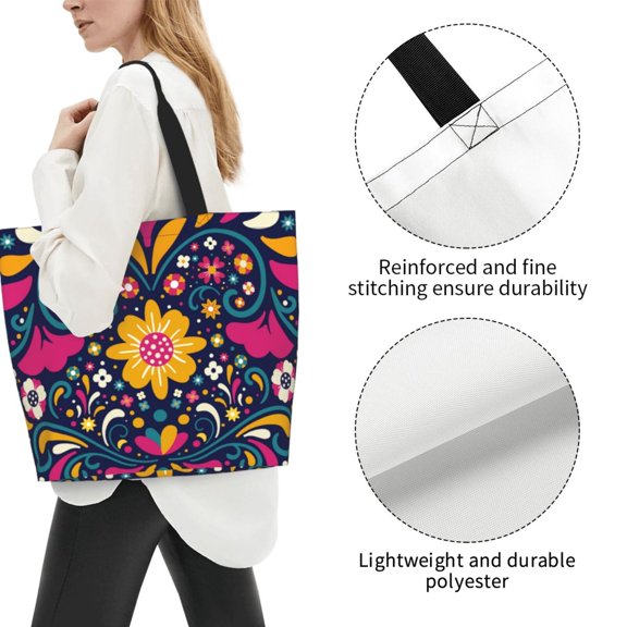 Wukai Cinco De Mayo Floral Print Reusable Grocery Bag Shopping Bags Shopping Handle Bag Suitable for Outdoor Convenient Daily Bag