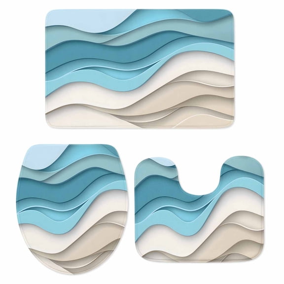 Aqua Beige Ombre Bath Mat 3 Piece Bathroom Rug Set, Modern Abstract Moire Art Geometric Non Slip Bath Rug Contour Mat and Toilet Lid Cover, Absorbent Shower Mats Soft Bath Rugs and Mats Sets