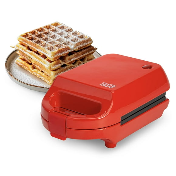 Tasty Mini Nonstick Waffle Maker, Perfect for Individual Waffles, Hash Browns, Brownies and more, Quick Results, Easy Clean Up, 600W, Red