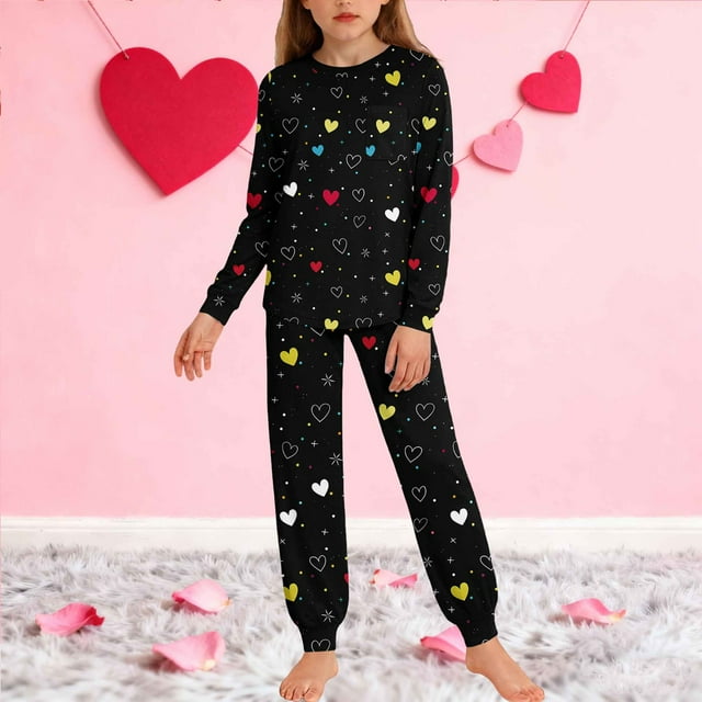 Conjuntos de blusa y camisa de manga larga con cuello redondo para niños y niñas de 5 a 14 años con estampado y bolsillo. Conjunto de top y pantalón de manga larga.