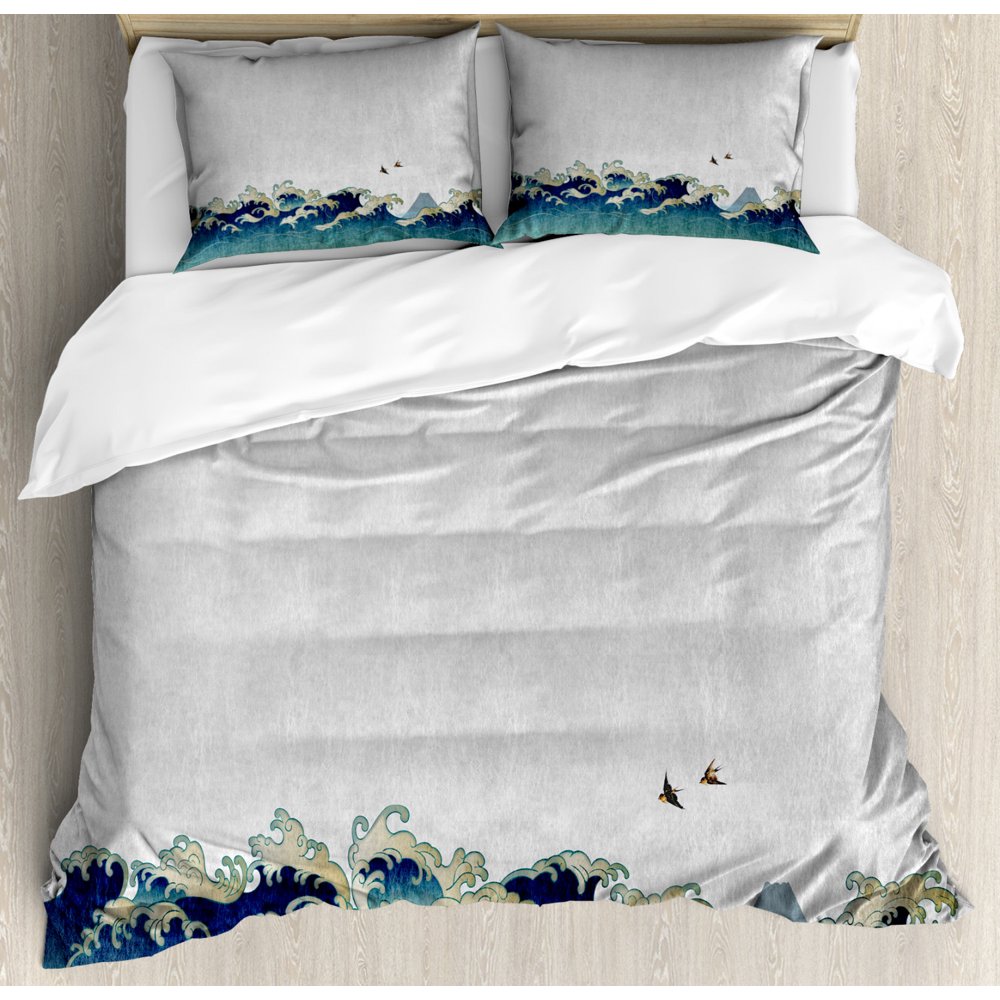 Japanese Wave Duvet Cover Set King Size, Aquatic Swirls Birds of Ocean