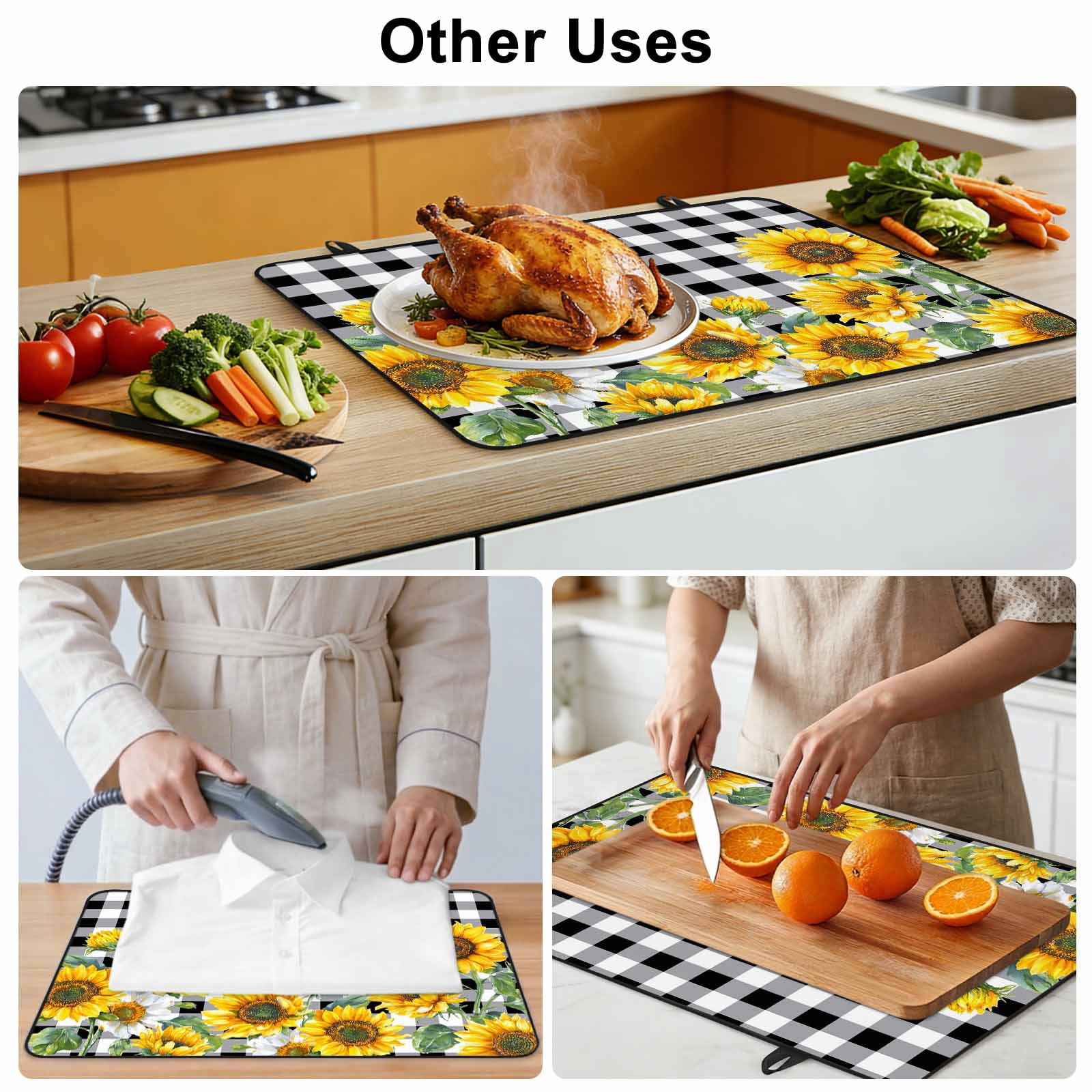 Sunflower Stove Top Cover for Electric Stove, Heat-proof & Non Slip Glass Top Stove Cover Protector, Black White Check Country Yellow Floral Kitchen Flat Cooktop Rubber Mat 24x21 Inches