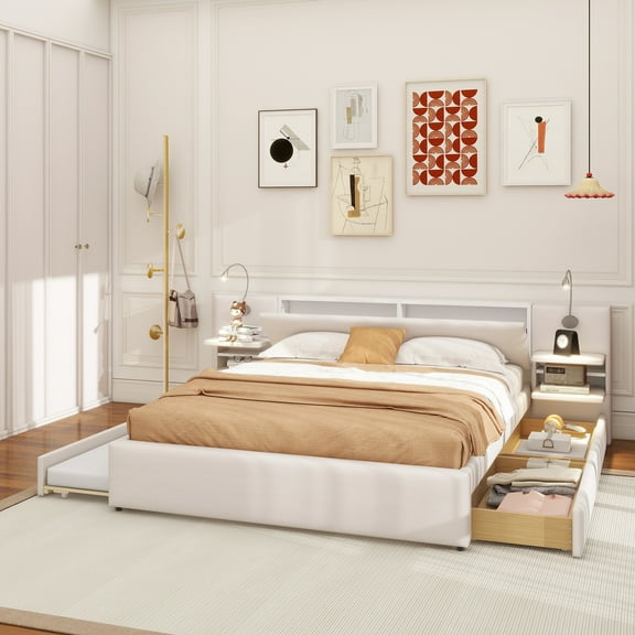 Queen Size Upholstered Platform Bed with Reading Lights, Drawers, Trundle and Shelves, Beige