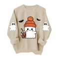 thumbnail image 2 of Women's Cute Ghost Halloween Sweatshirts Knit Beanie Graphic Crewneck Pullover Tops Long Sleeve Fall Shirts with Sleeve Prints Spooky Season Casual Clothing, 2 of 6