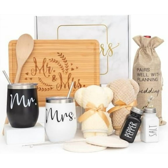 Wedding Gifts for Couple (11 Piece Set), Cool Engagement Baskets for Newlywed, Unique Mr and Mrs Box for Bride and Groom, Bridal Shower Gift for Bride To Be, His and Hers, Just Married