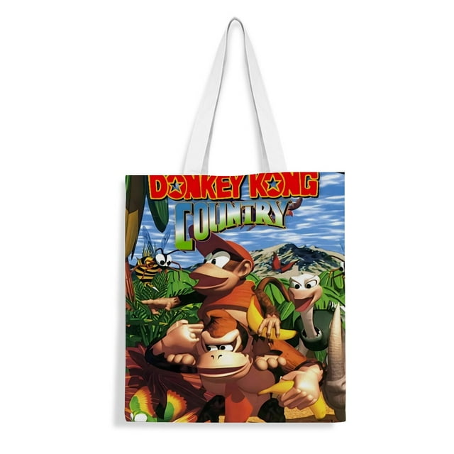 Donkey Kong Country Bolso de tela con estampado de lienzo para mujer, bolsa de compras reutilizable y estética, con cremallera interior, regalo para mujer, 35 × 40 cm.