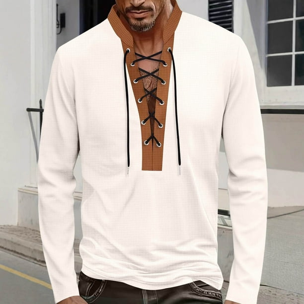 pstuiky mangas largas para hombre, Camiseta de manga larga con cuello alto, diseño de patchwork marrón y cordón ajustable para hombre camisetas de hombre s