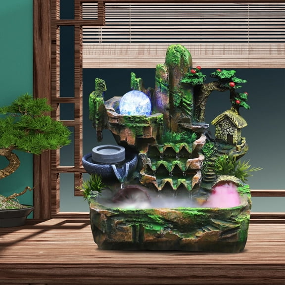 Indoor Water Fountain With Led Light Mist Resin Rockery Waterfall Fountain Decor Zen Relaxation Feng Shui Tabletop Bonsai