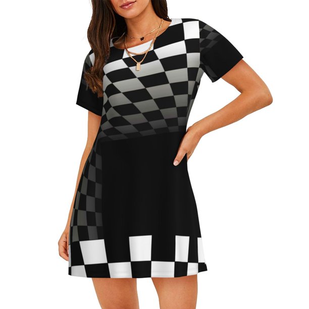 Disketp 3d Black and White Checkerboard Tunnel para Camisón Corto de Manga Corta para Mujeres, Camisón Cómodo con Escote Redondo, Bonito y Confortable