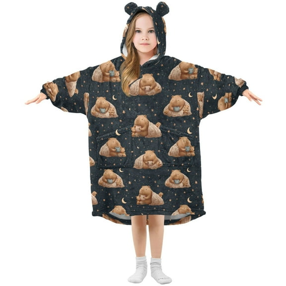 Wearable Blanket Hoodie for Kids Capybara Sleeping on Blanket Flannel Hooded Blanket with Pockets and Sleeves Suitable for Boys and Girls