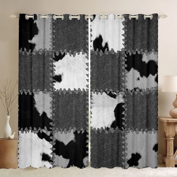 jejeloiu Patchwork Cattle Hide Black Out Curtains,Rustic Western Farmhouse Curtains Pack of 2 (42x63 Each),Gray White Cowhide Plaid Bedroom Curtains For Men Women,Breathable Home Decor